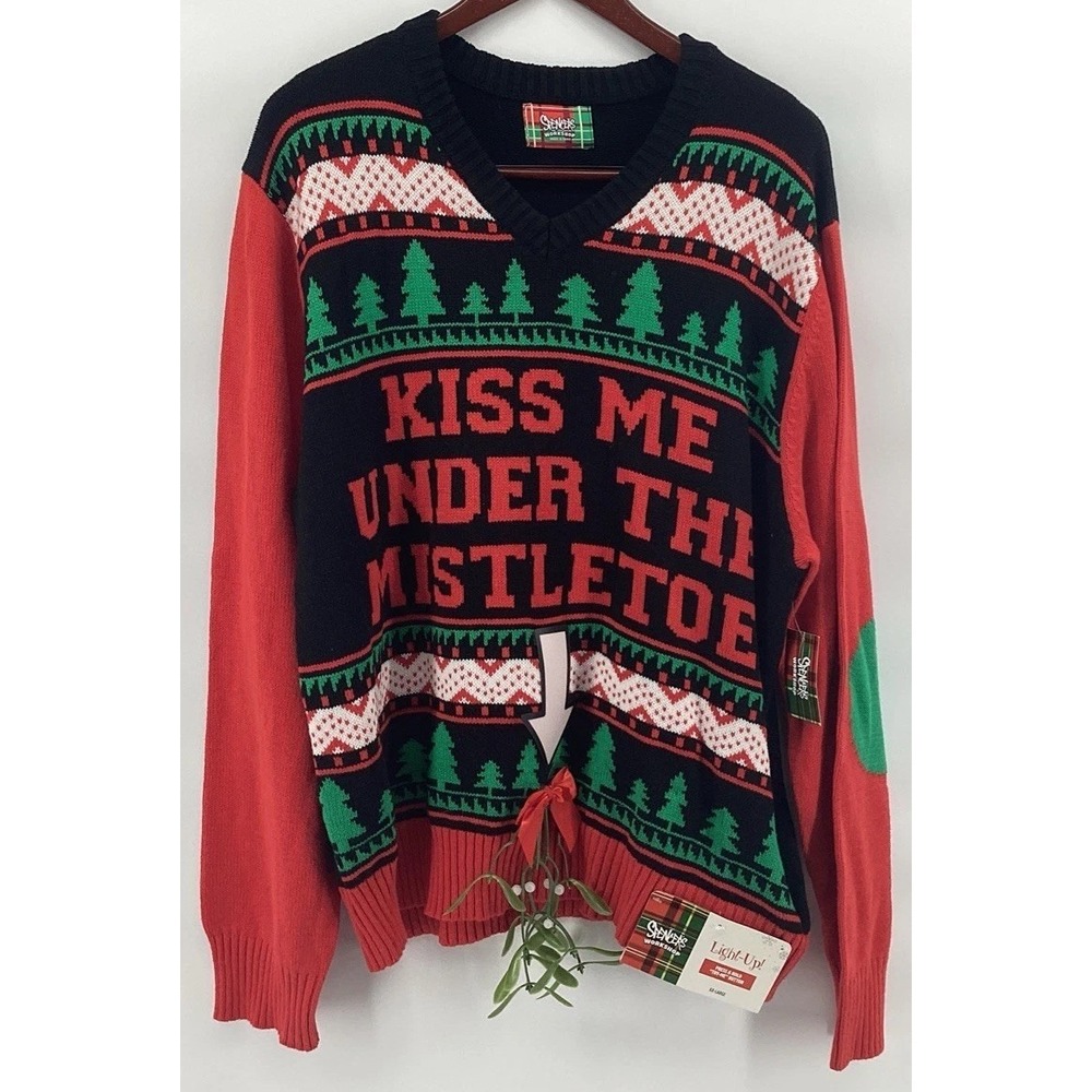 Spencers Kiss Me Under The Mistletoe LIGHT UP Ugly Christmas Sweater SZ XXL